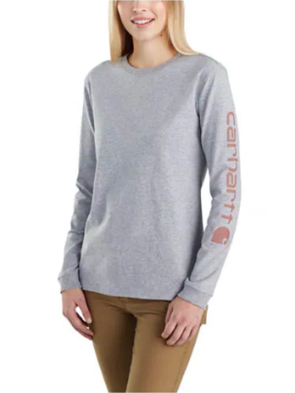 Carhartt Women's Long Sleeve Tee in Heather Gray with Rose Logo Sleeve